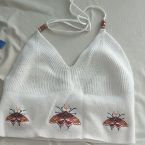 White Crop Top with Moth Design
